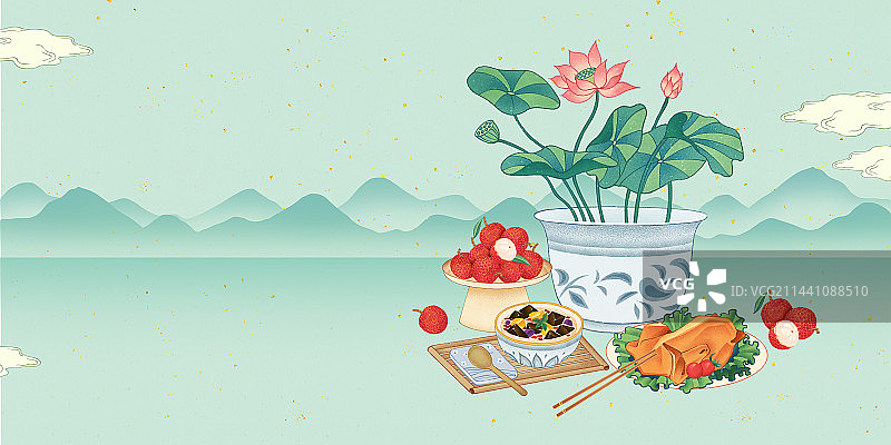 二十四节气大暑美食荷花荔枝童子鸡烧仙草银耳莲子汤山水插画图片素材