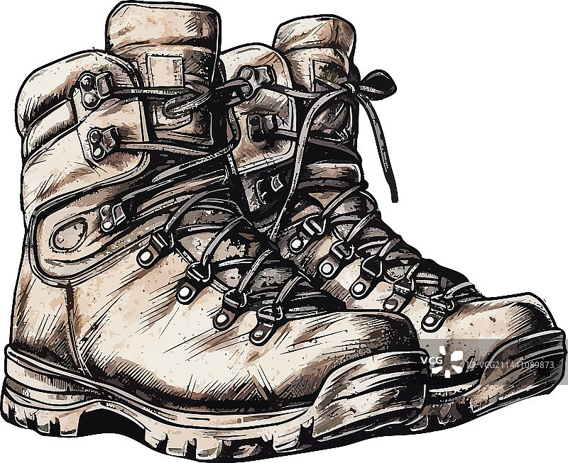 旧军靴在崎岖地形中行走图片素材