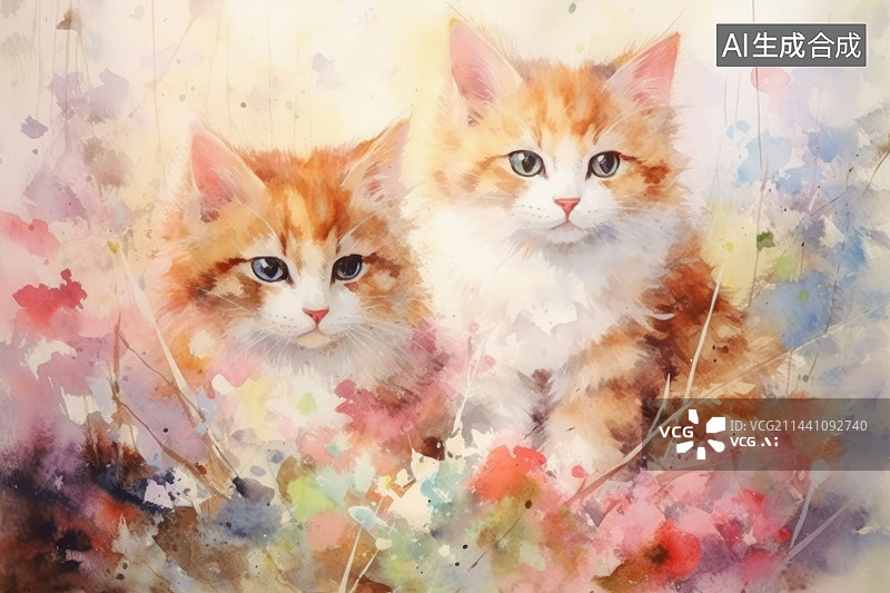 【AI数字艺术】花丛里可爱的小猫咪图片素材