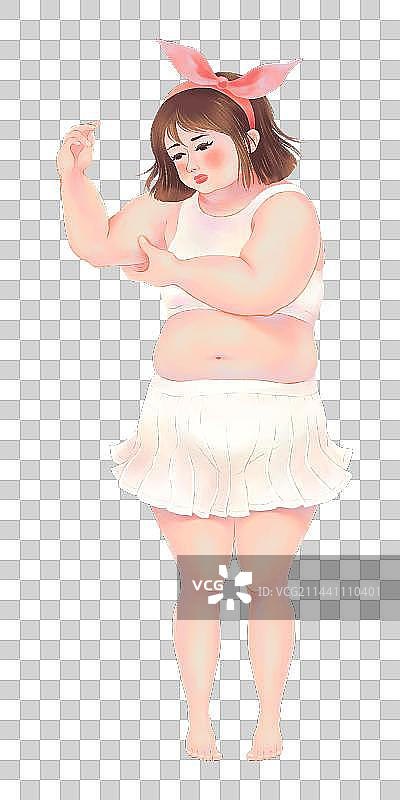 一个穿着白色衣服的胖女孩正为她的肥手臂苦恼图片素材