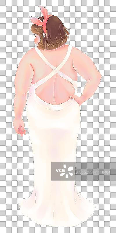 一名穿白色礼服的胖女孩露出了满是脂肪的背影图片素材