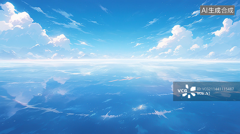 【AI数字艺术】天空之境，蓝天白云大海倒影图片素材