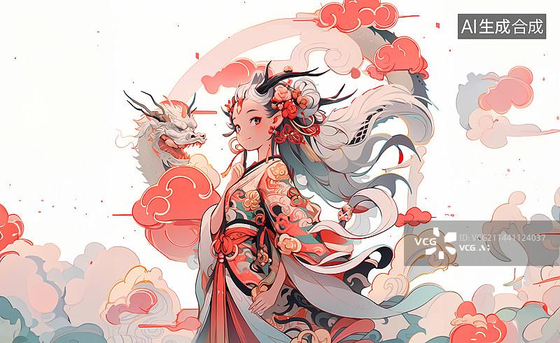 【AI数字艺术】唯美中国风龙年女孩插画图片素材