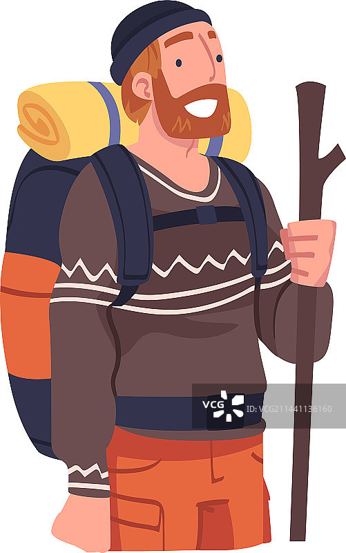 拿着杆子参与当地活动的年轻络腮胡男子图片素材