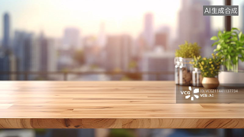 【AI数字艺术】模糊厨房背景的木质桌面，带有模糊厨房房间背景的木质桌子图片素材