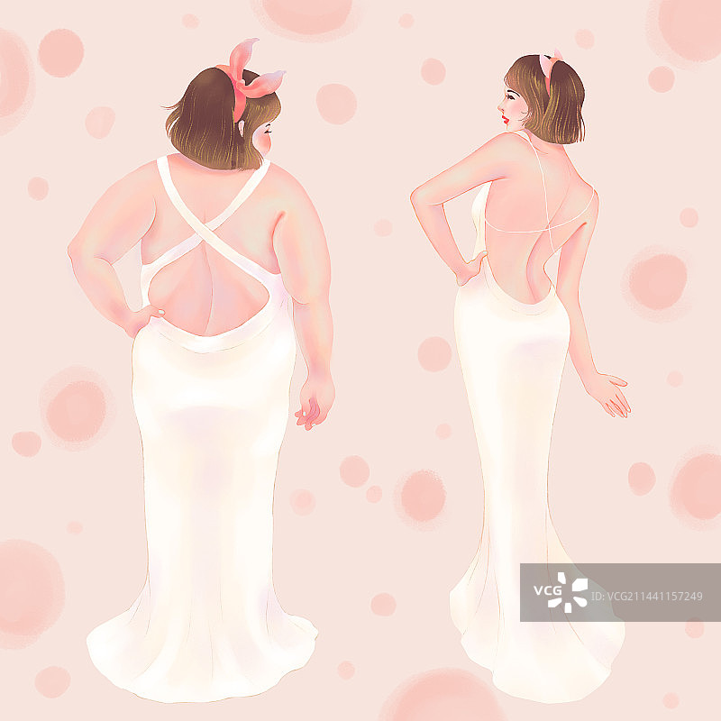 胖女孩与瘦女孩的身材对比手绘插画图片素材