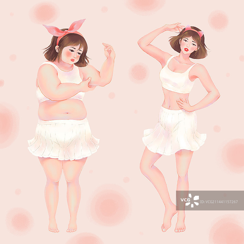 胖女孩与瘦女孩的身材对比的手绘插画图片素材