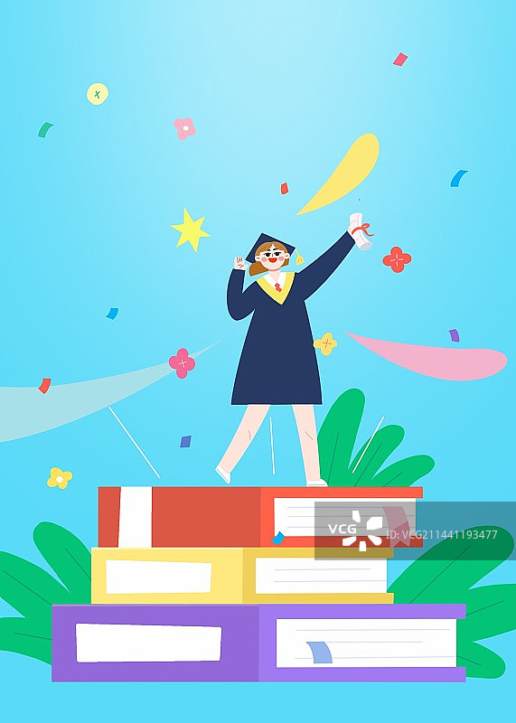 穿着学士服，拿着录取通知书的学生插画图片素材