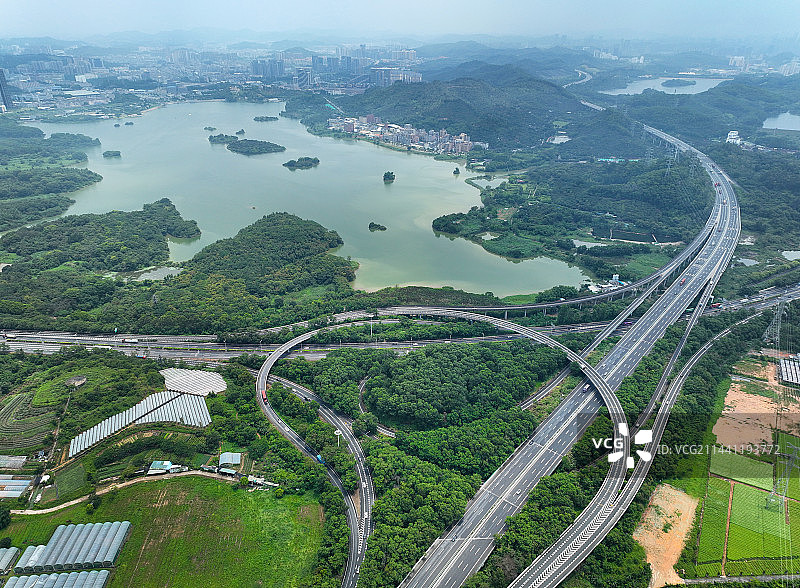 广东省深圳市龙岗区平湖海吉星雁田水库水官高速航拍图片素材