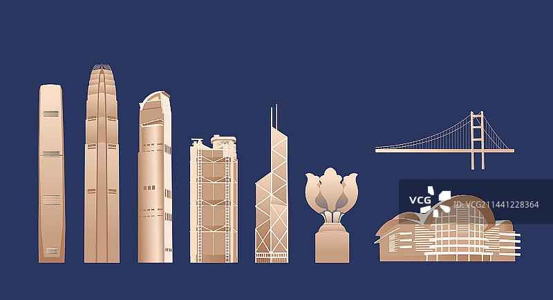 香港城市天际线建筑插画，香港庆典插画图片素材