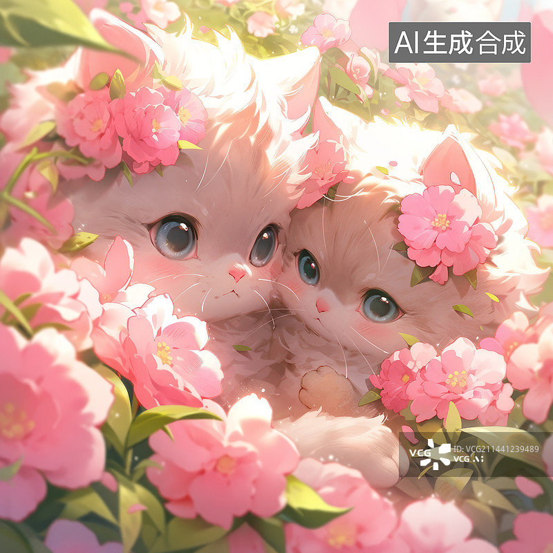 【AI数字艺术】粉色花朵和猫咪图片素材