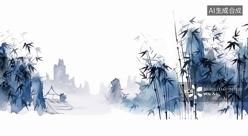 【AI数字艺术】中国水墨画竹林和岩石山林图片素材