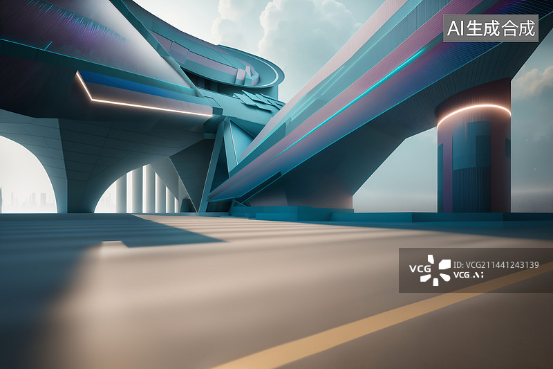 【AI数字艺术】未来派城市建筑道路空间（汽车广告背景图）图片素材