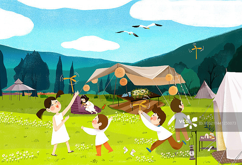 暑假一起露营,烧烤 嬉戏 玩竹蜻蜓图片素材