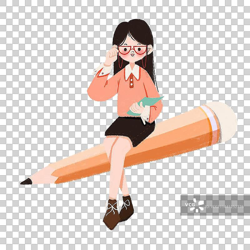 老师手扶眼镜坐在铅笔上卡通手绘插画图片素材
