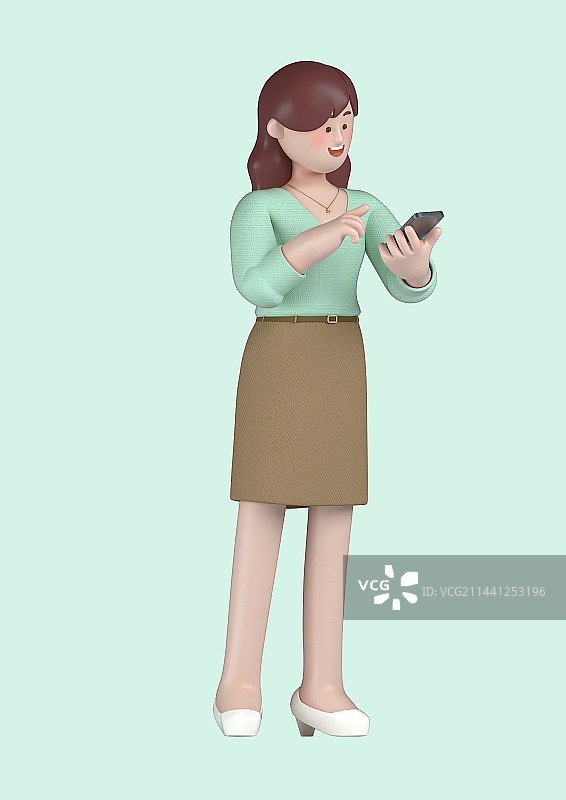 启动概念3D商务女性角色手持智能手机图片素材