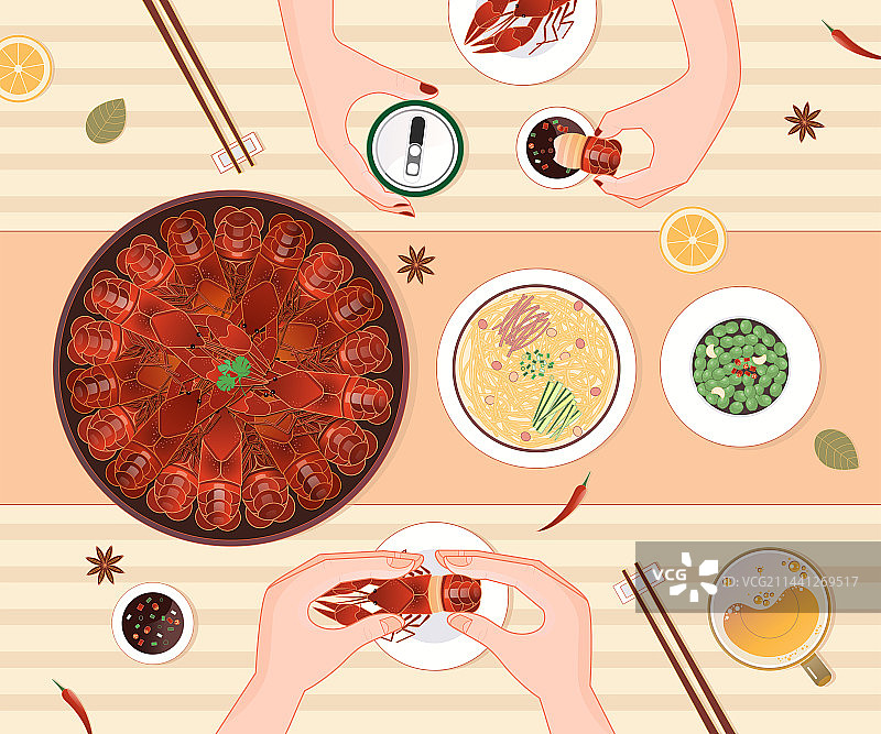 二人吃龙虾喝啤酒俯视矢量插画横版图片素材