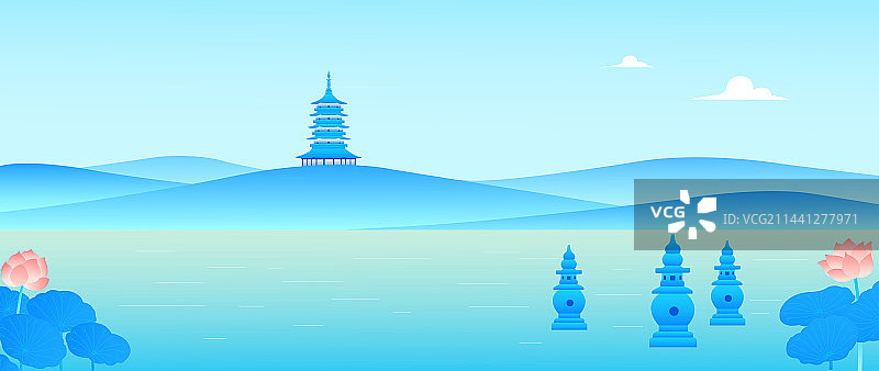 杭州西湖扁平适量插画，雷峰塔三潭映月夏天蓝色清新春天冬天荷花山水图片素材