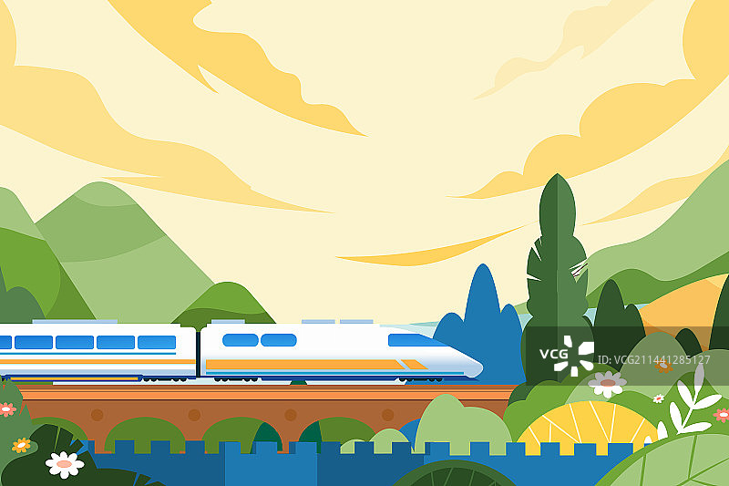 卡通旅游旅行踏青出游放假学生情侣返校行程高铁运输城际铁路交通出行生活国庆节朋友学生电商渐变矢量插画图片素材
