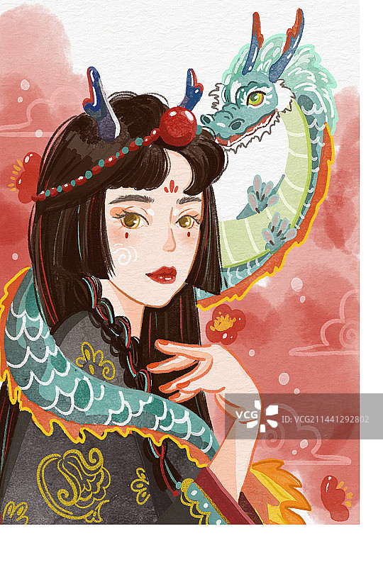 国风少女与龙水彩风格插画图片素材