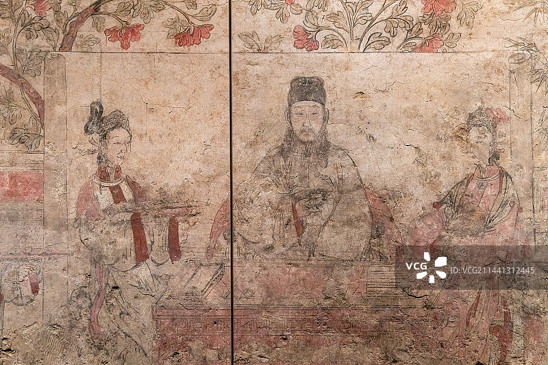 中国明代墓葬壁画，夫妇家居生活图及局部图片素材