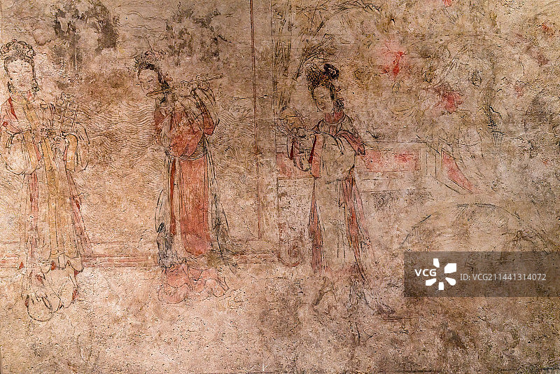 中国明代古墓壁画，歌乐仕女图片素材