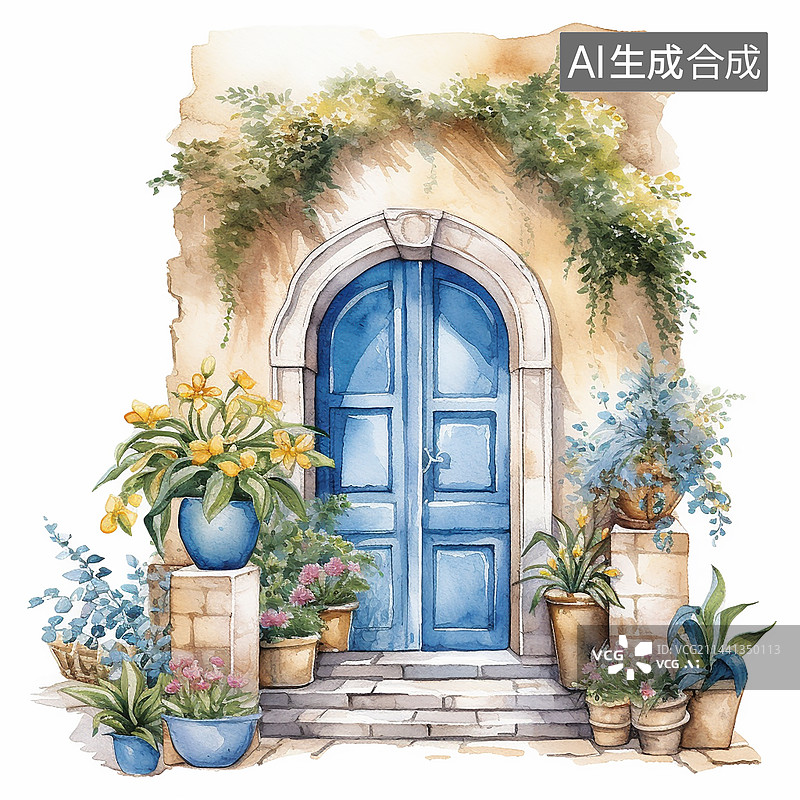【AI数字艺术】植物建筑门框街道清新水彩插画图片素材