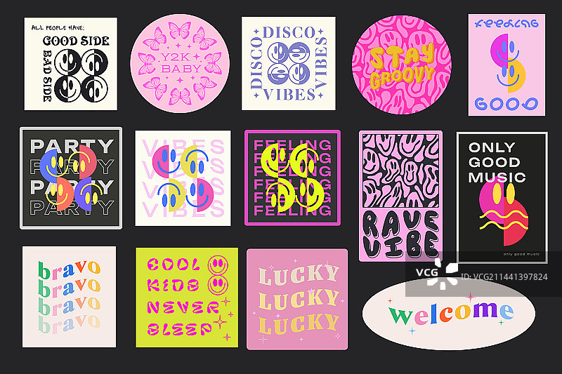 酷炫潮流几何笑脸贴纸套装图片素材