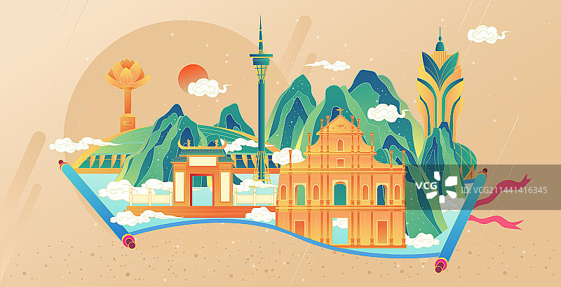 澳门卷轴山水画中国风复古地标旅游矢量插画建筑群图片素材