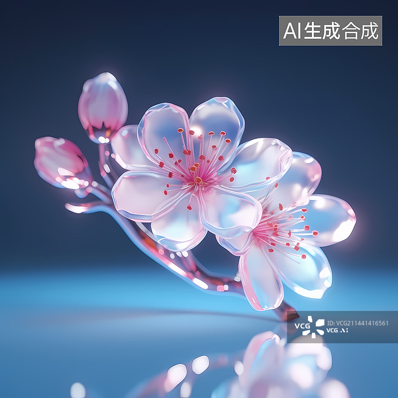 【AI数字艺术】3D渲染玻璃透明质感立体一簇樱花图片素材