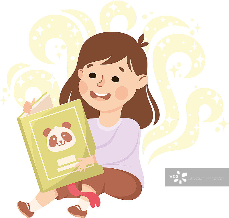 坐着阅读打开的书本的可爱女孩图片素材