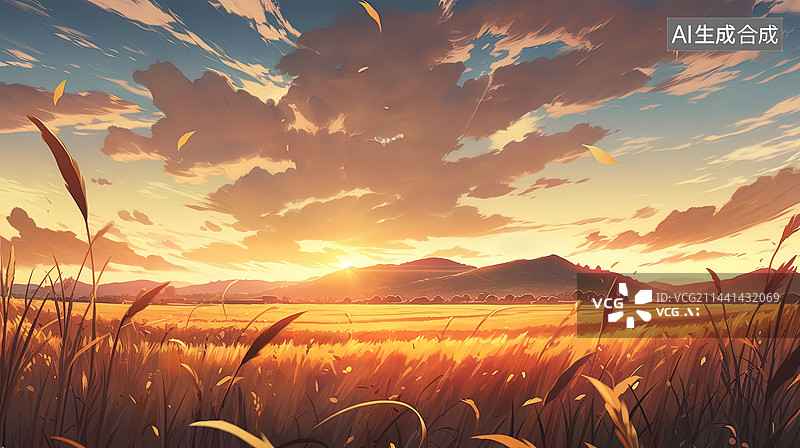 【AI数字艺术】黄昏金色的麦田插画图片素材