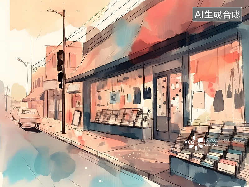【AI数字艺术】水彩,音像店,书店,街边,店铺,无人,建筑图片素材