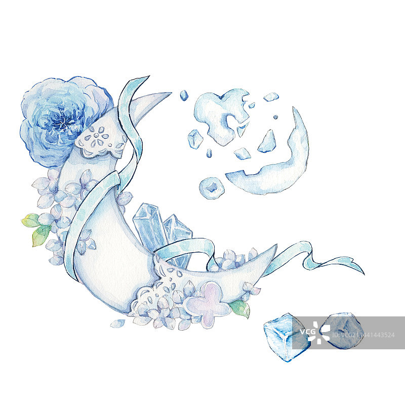白色背景下水彩手绘蓝色月亮花朵装饰特写镜头图片素材
