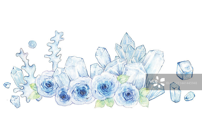 水彩手绘清新夏季蓝色钻石和玫瑰花组合特写图片素材