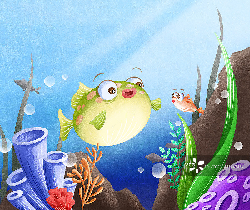 海底世界河豚和小鱼在玩耍图片素材