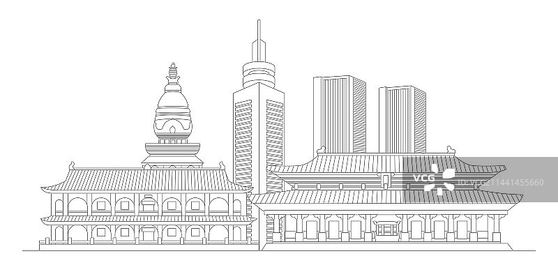济宁标志建筑描边插画图片素材