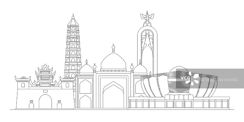 银川标志建筑描边插画图片素材