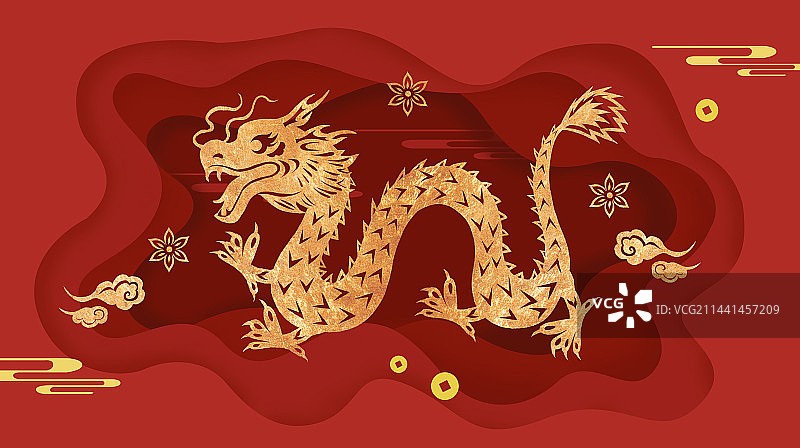 龙年春节剪纸风红色背景插画图片素材
