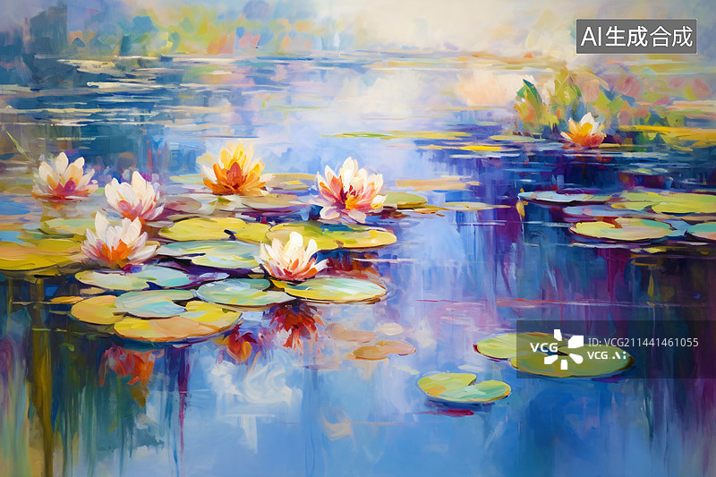 【AI数字艺术】荷花池厚涂的油画艺术背景图片素材