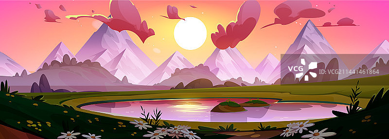 山间天空卡通日出景观图片素材