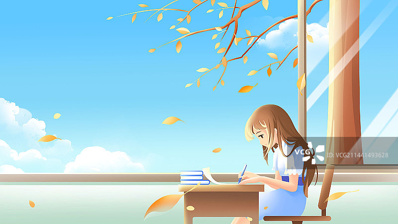 秋天，坐在窗边书写的少女，蓝色唯美清新风格插画图片素材