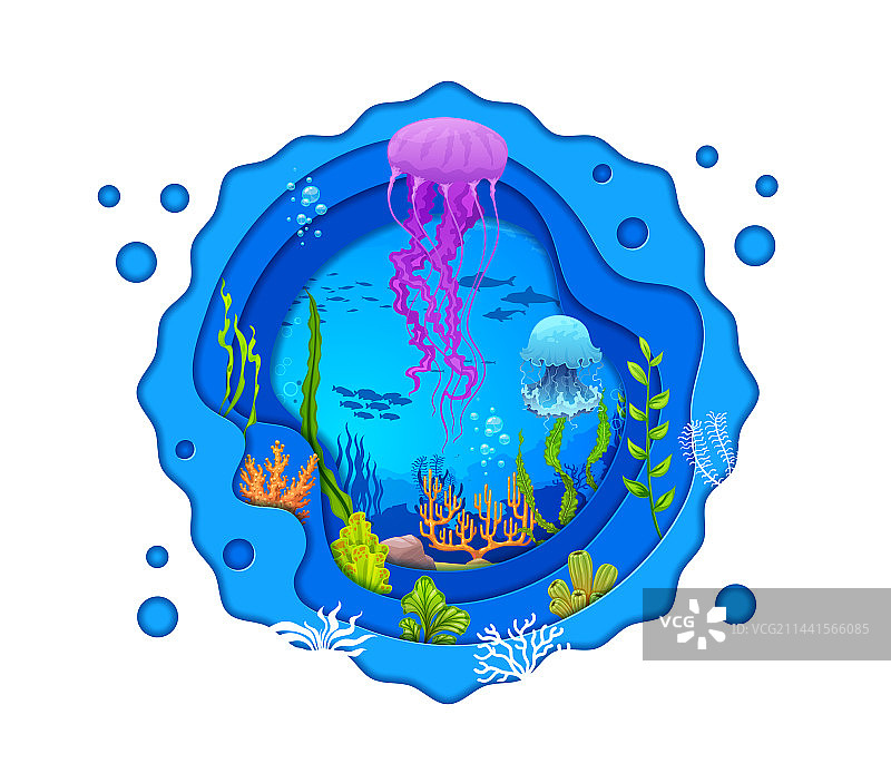 海洋水下剪纸风格水母景观图片素材