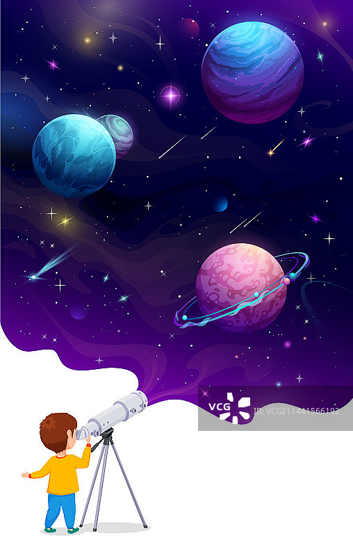 儿童用望远镜看卡通太空景观图片素材