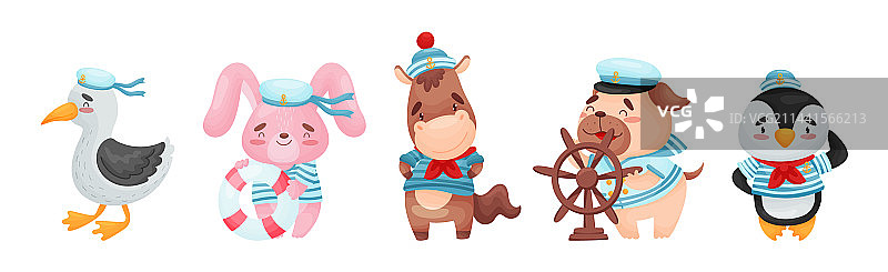 戴帽子和条纹衬衫的有趣动物水手图片素材