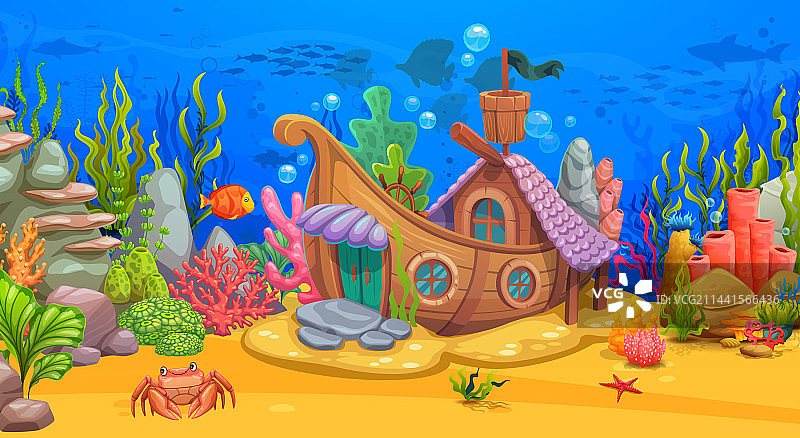 卡通风格：水下沉船海洋景观图片素材
