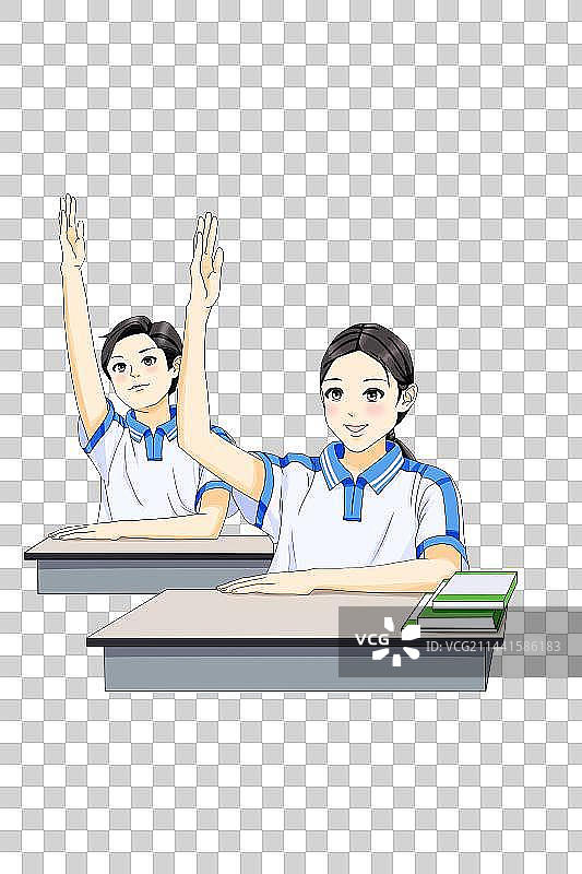 教育题材中学生举手男生女生扁平插画图片素材