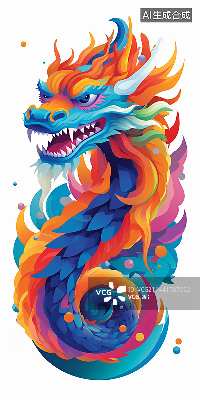 【AI数字艺术】彩色背景下的龙头雕像插画图片素材