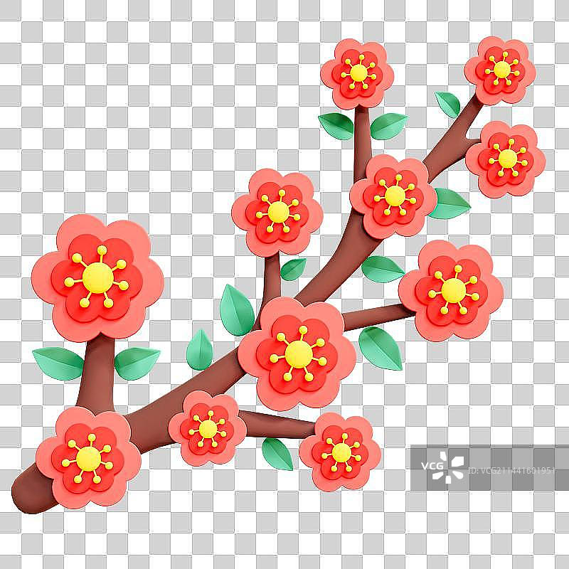3D立体春天梅花枝元素图片素材