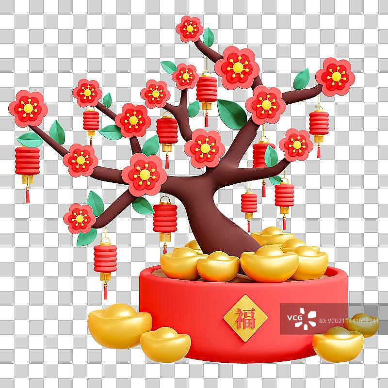 3D元宝灯笼发财树盆栽图片素材